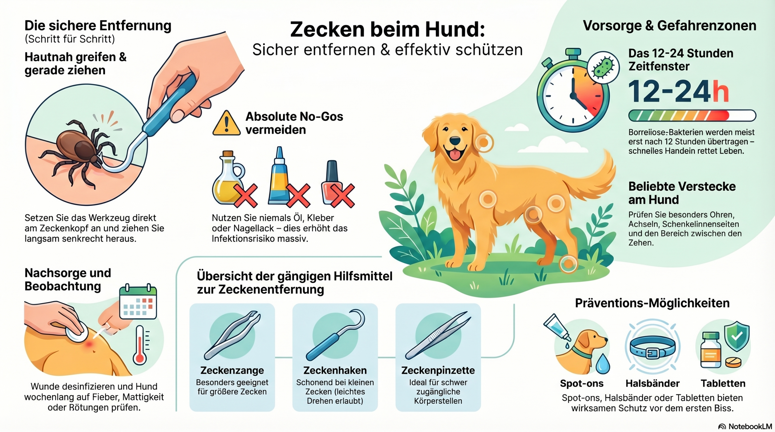 Hund auf grünem Rasen, Besitzer hält Zeckenzange an Zecke, Zecken beim Hund entfernen, Hygiene und Gesundheit