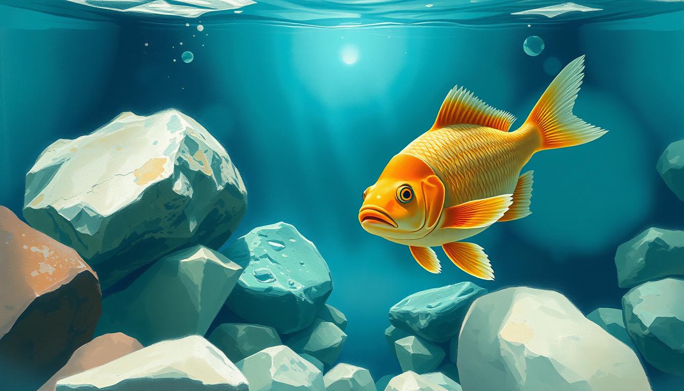 Infografik zu heilenden Steinen im Wasser: Edelsteintherapie zur Verbesserung des Wohlbefindens von Aquarienfischen.