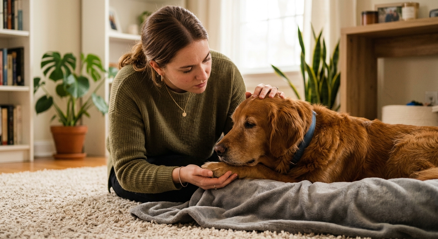 Hund in Nahaufnahme mit besorgtem Blick; Schwerpunkt auf Anzeichen von Schmerzen beim Hund erkennen.
