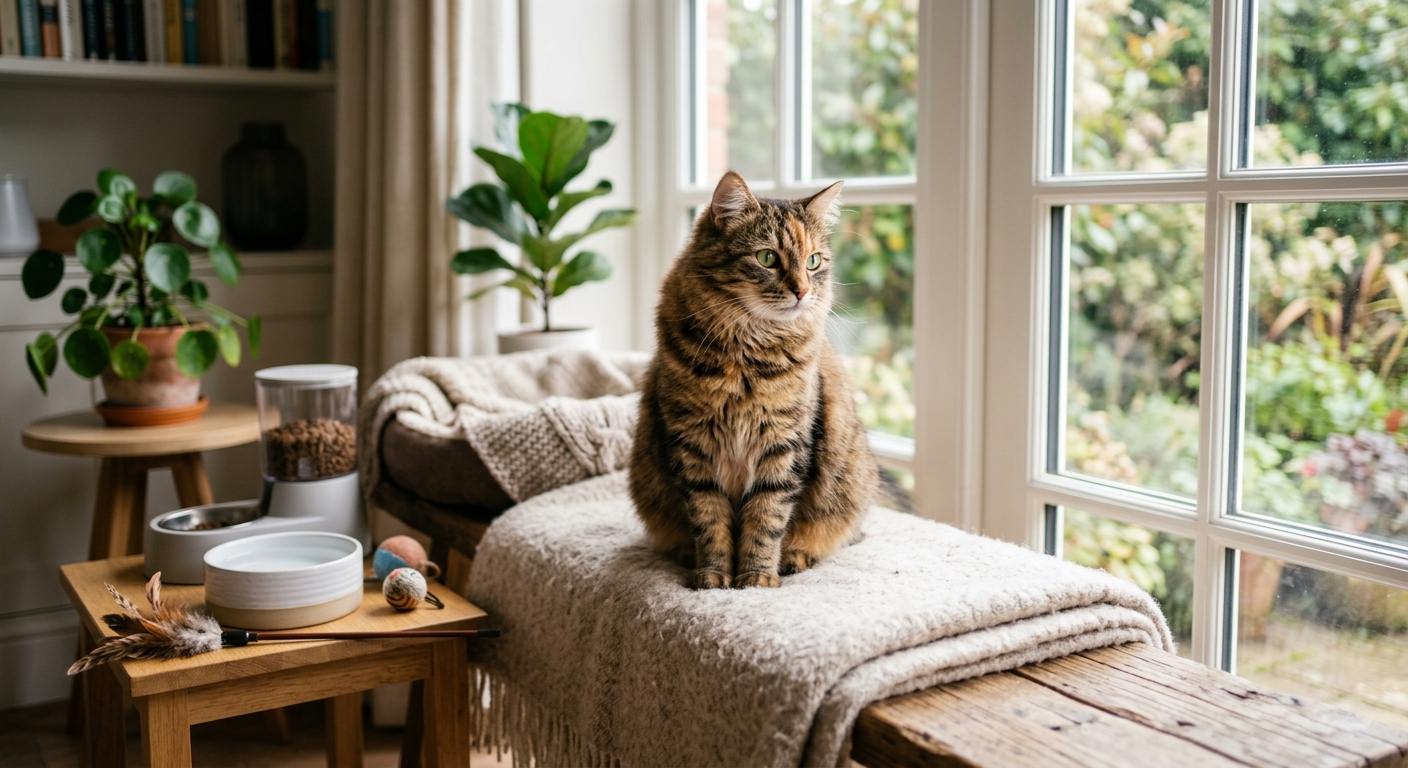 Eine Katze liegt allein auf einem Sofa, umgeben von Spielzeug, während sie entspannt schläft. Thema: Katze allein lassen.