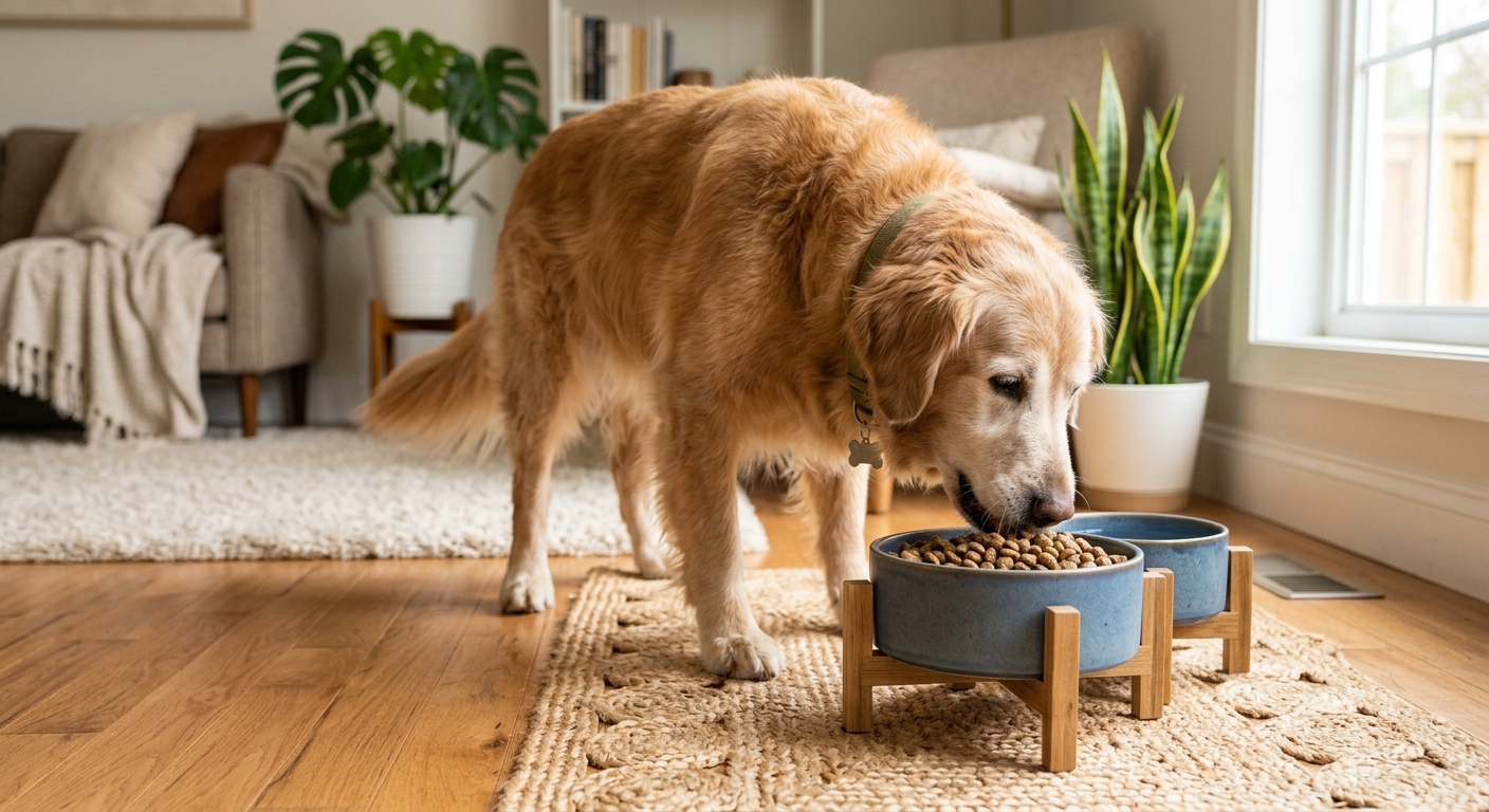 Seniortiere beim Fressen von speziellem Futter in Schüsseln, das auf ihre gesundheitlichen Bedürfnisse abgestimmt ist.