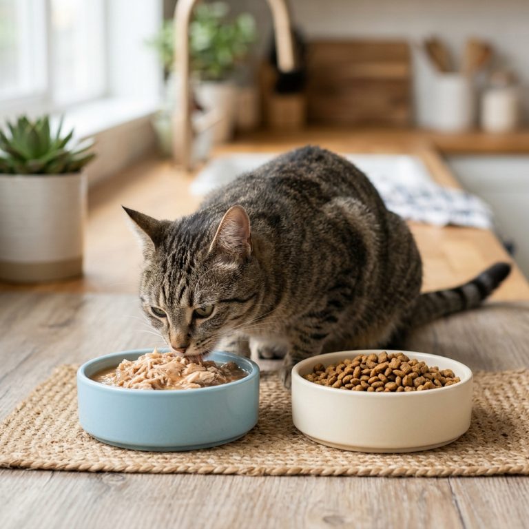 Katze vor Schüsseln mit Nassfutter und Trockenfutter, Auswahl der besten Fütterungsoption für optimale Katzengesundheit.