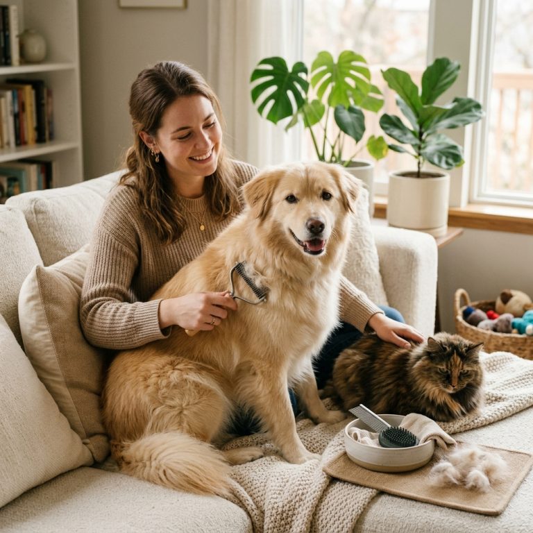 Hund und Katze im Fellwechsel; Bürsten und Kamm als Fellpflege Tipps.