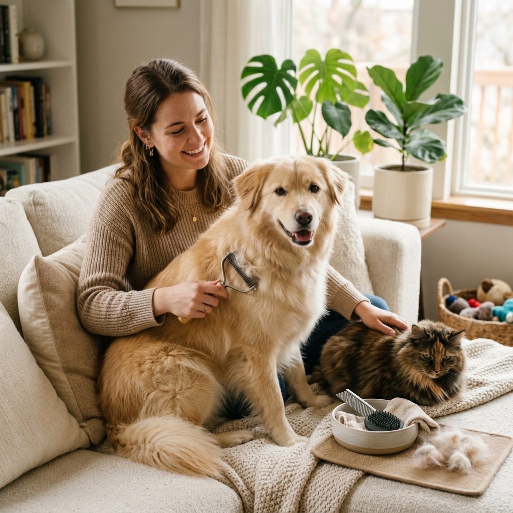 Hund und Katze im Fellwechsel; Bürsten und Kamm als Fellpflege Tipps.
