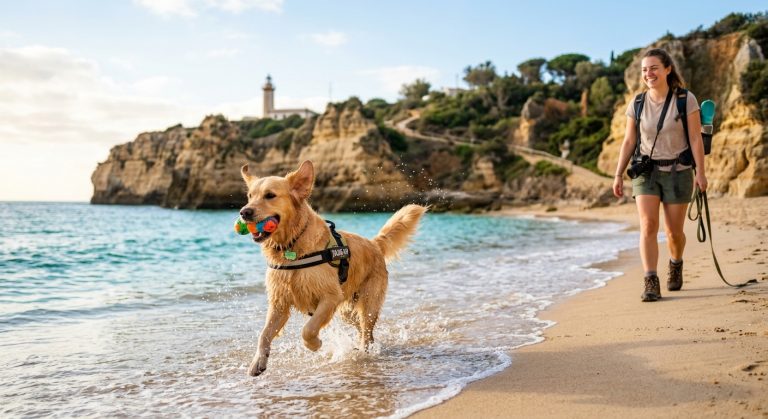 Hund beim Spaziergang am Strand - Wichtige Tipps für Urlaub mit Hund in Europa.