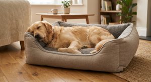 Hund ruht bequem im Hundebett, passend in Größe und Material, als Beispiel aus dem Hundebett-Ratgeber.