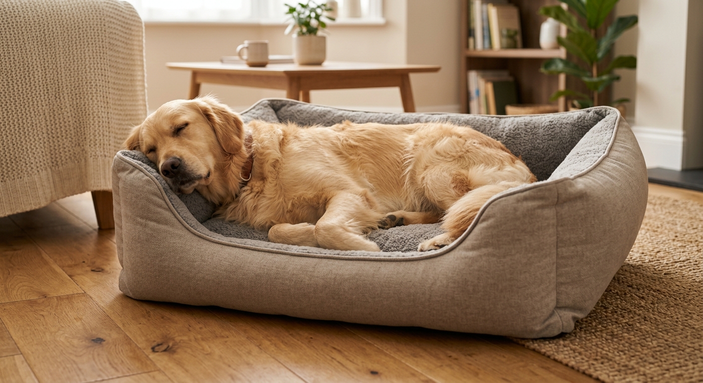 Hund ruht bequem im Hundebett, passend in Größe und Material, als Beispiel aus dem Hundebett-Ratgeber.