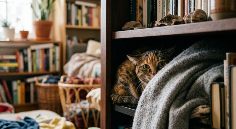 Katze zeigt Stresssymptome im Wohnzimmer, im Beitrag über Anzeichen, Ursachen und Hilfe für Katzenstress.