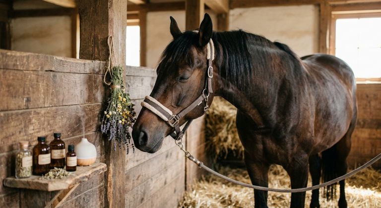 Pferd genießt Aromatherapie im Stall, umgeben von natürlichen Kräutern. Aromatherapie für Pferde fördert Entspannung.