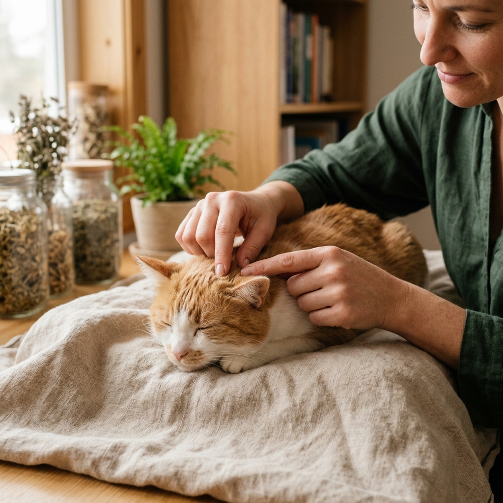 Tierarzt wendet Akupressur-Technik bei einem Kleintier an. Sanfte Berührung für die Heilung von Kleintieren.