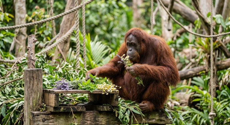 Zootier genießt Kräutertherapie zur Stressbewältigung in natürlicher Umgebung, innovativer Ansatz in der Tierpflege.