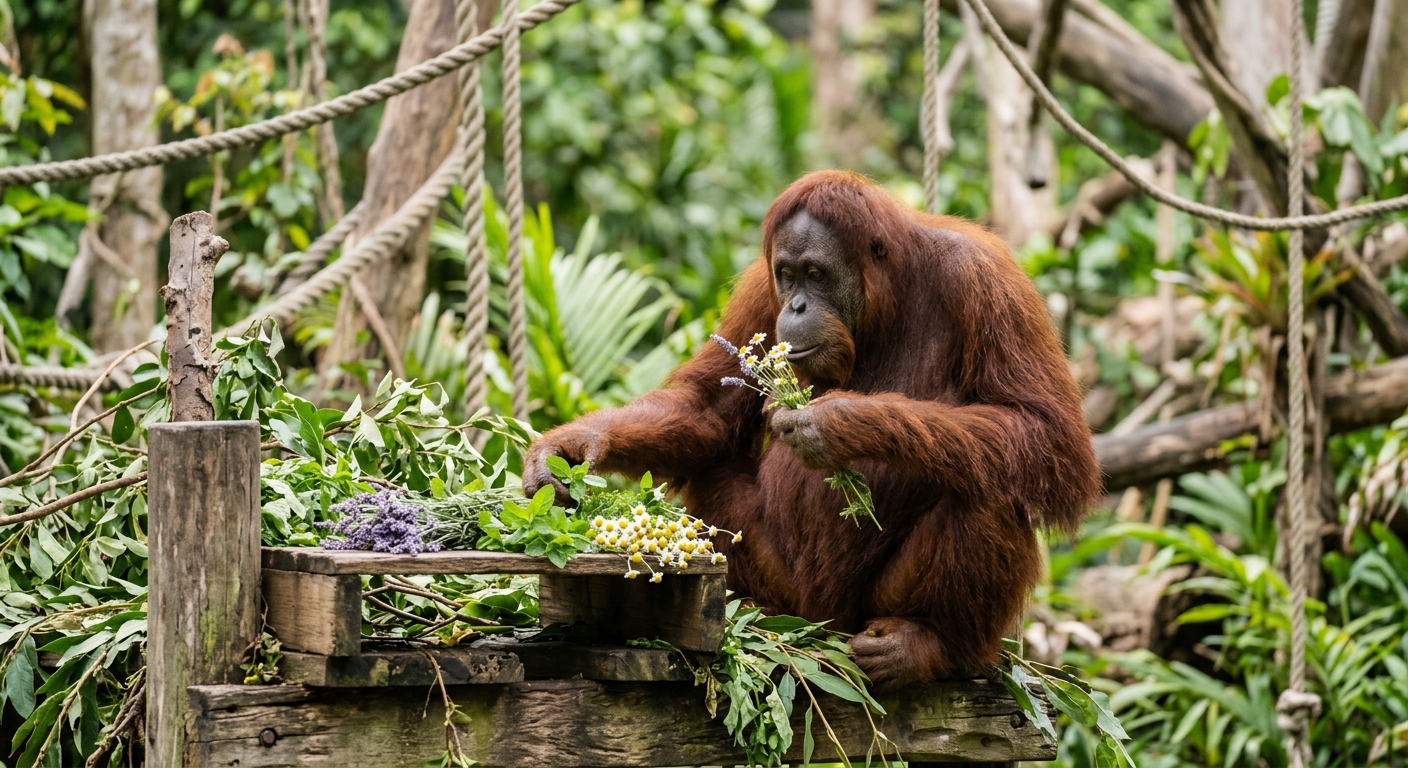 Zootier genießt Kräutertherapie zur Stressbewältigung in natürlicher Umgebung, innovativer Ansatz in der Tierpflege.