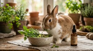 Kaninchen beißt in Salat mit fermentierten Kräutern für Probiotika-Unterstützung.