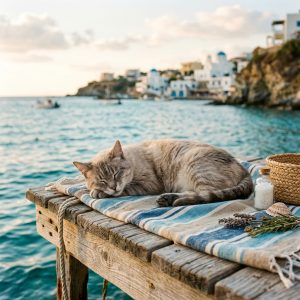 Alte Katze entspannt am Meerstrand: Thalassotherapie für Katzen verbessert ihr Wohlbefinden im Alter.