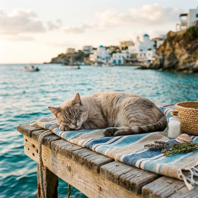 Alte Katze entspannt am Meerstrand: Thalassotherapie für Katzen verbessert ihr Wohlbefinden im Alter.