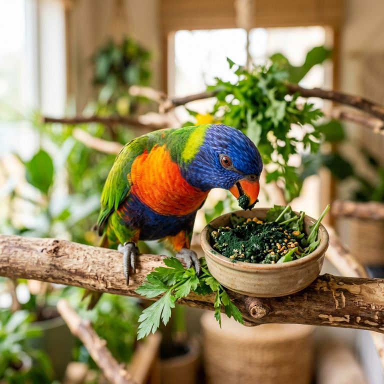 Ziervögel fressen Spirulina-Algen aus Schale, gesunde Nahrung für Voliere durch natürliche Algenkraft