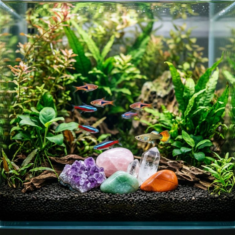 Edelsteintherapie: Verschiedene Heilsteine im Wasser eines Aquariums zur Förderung des Wohlbefindens von Fischen.
