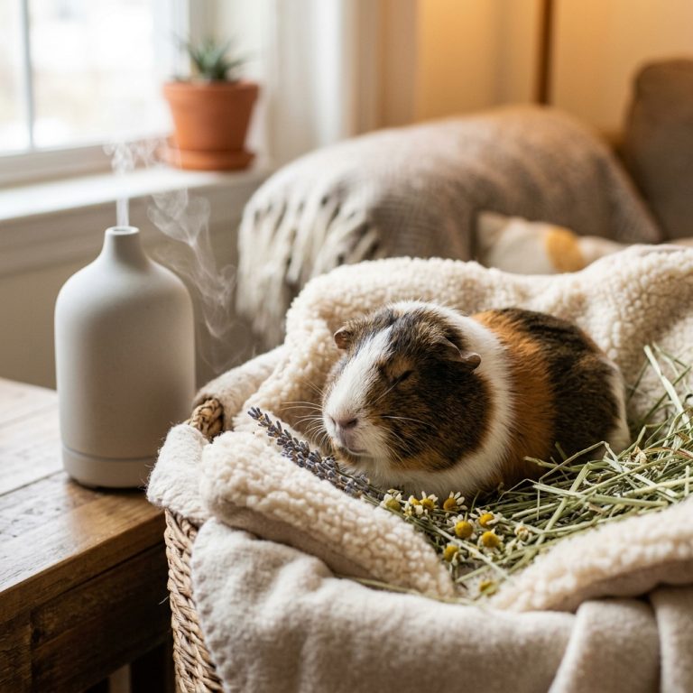 Meerschweinchen mit Lavendelöl zur Entspannung, Aromatherapie im Fokus, Chancen und Risiken für Tiergesundheit.