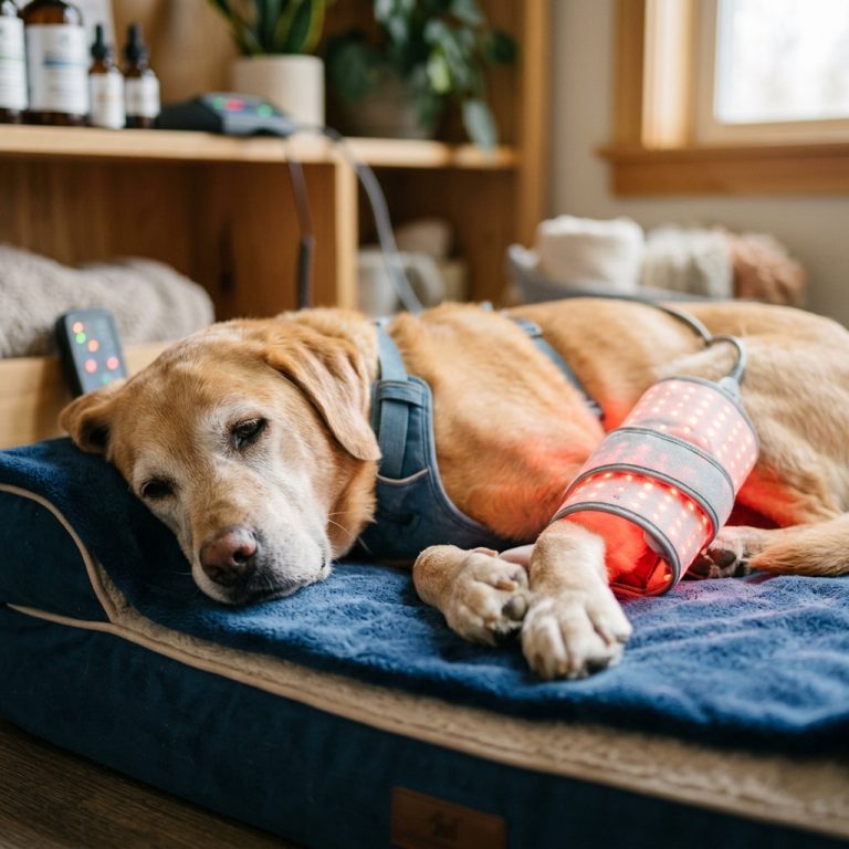 Hund erhält Lichttherapie zur Linderung von Arthritisbeschwerden durch innovative Techniken.