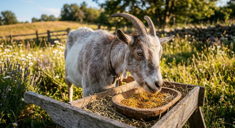 Eine alte Ziege knabbert an Blütenpollen, eine natürliche Vitalitätsunterstützung für Ziegen im Seniorenalter.