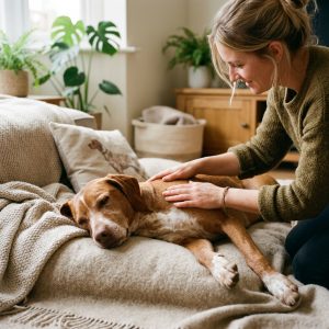 Hund genießt Tellington TTouch® Massage für Entspannung im Freien, liebevolle Hände berühren sanft sein Fell.