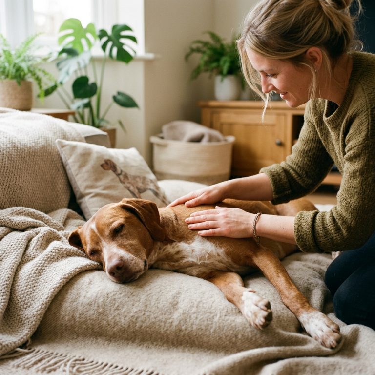 Hund genießt Tellington TTouch® Massage für Entspannung im Freien, liebevolle Hände berühren sanft sein Fell.