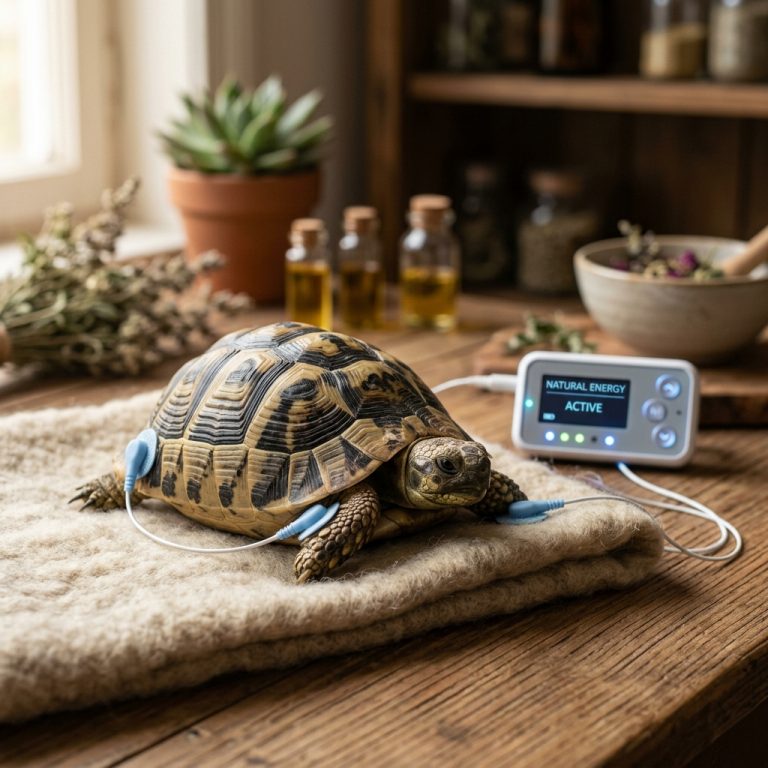 Schildkröte in Elektrotherapie-Sitzung zur Heilung, Fokus auf natürlicher Energiequelle.