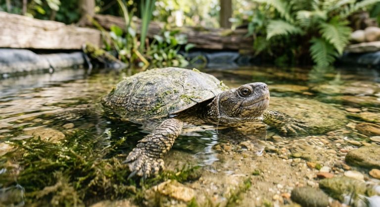 Arthritische Schildkröte bei der Hydrotherapie zur Steigerung der Bewegungsfreiheit in einem Wasserbecken.