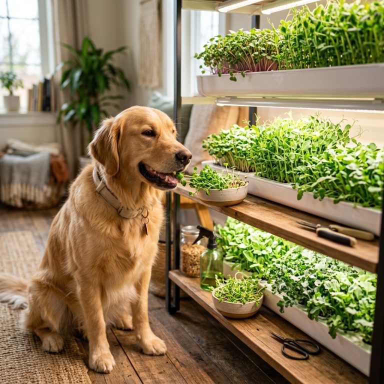 Hydroponischer Mikrogarten mit frischen Grünkraut für Haustiere zur gesunden Fütterung.