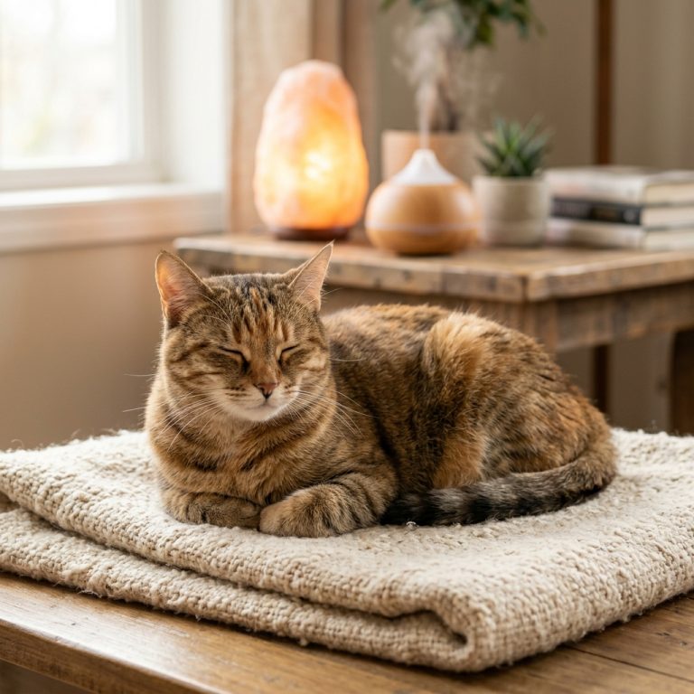 Katze genießt geführte Meditation, entspannt auf Kissen liegend, umgeben von beruhigenden Farben, fördert Ruhe und Gelassenhe