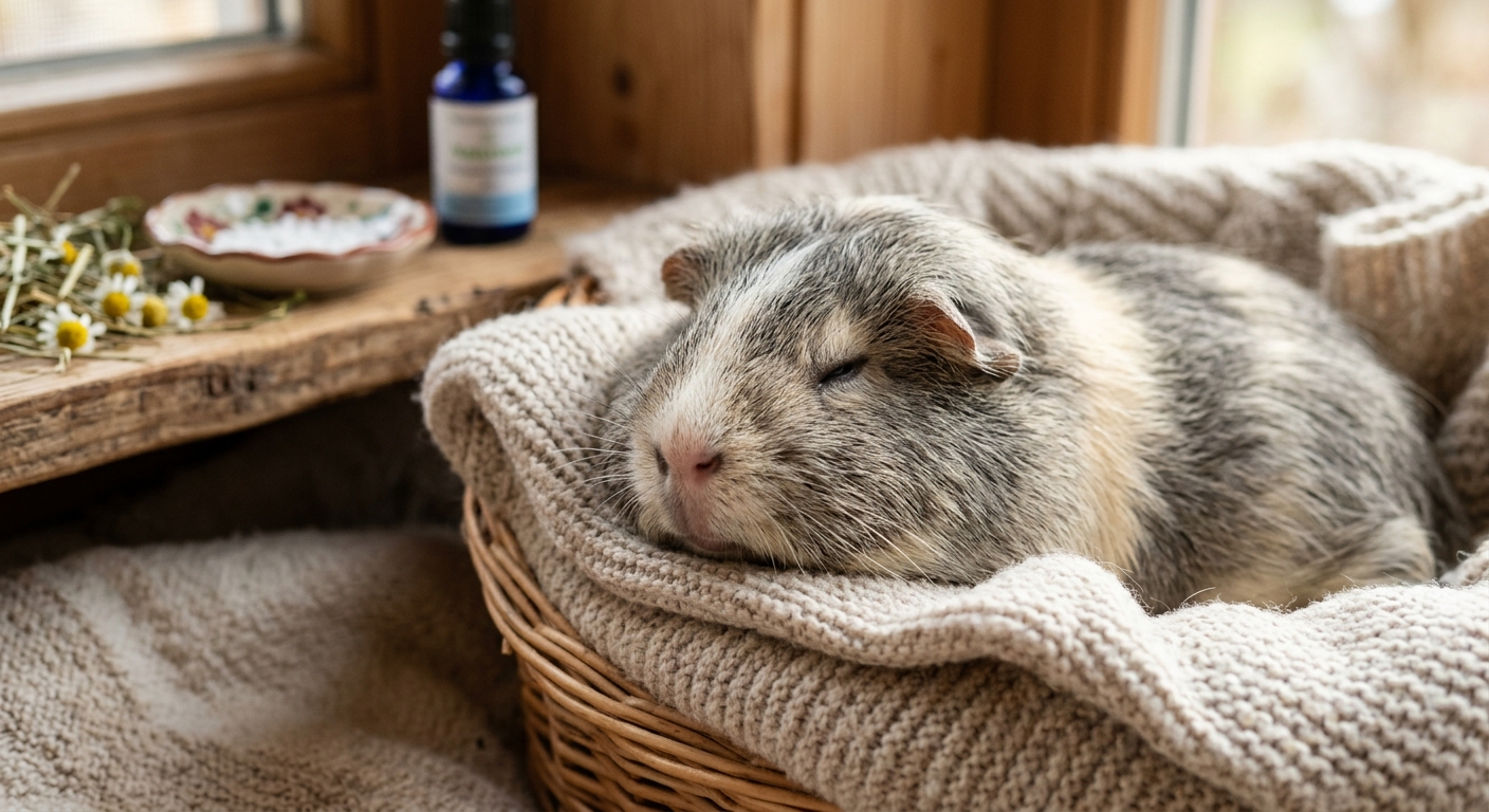 Ein älteres Meerschweinchen frisst Gemüse, unterstützt durch Schüßler-Salze für ein gesundes Altern.