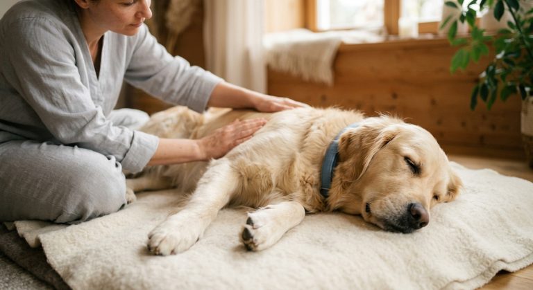 Gestresster Hund entspannt auf blauem Kissen durch Resonanztherapie mit sanftem Licht im Wellnessraum.