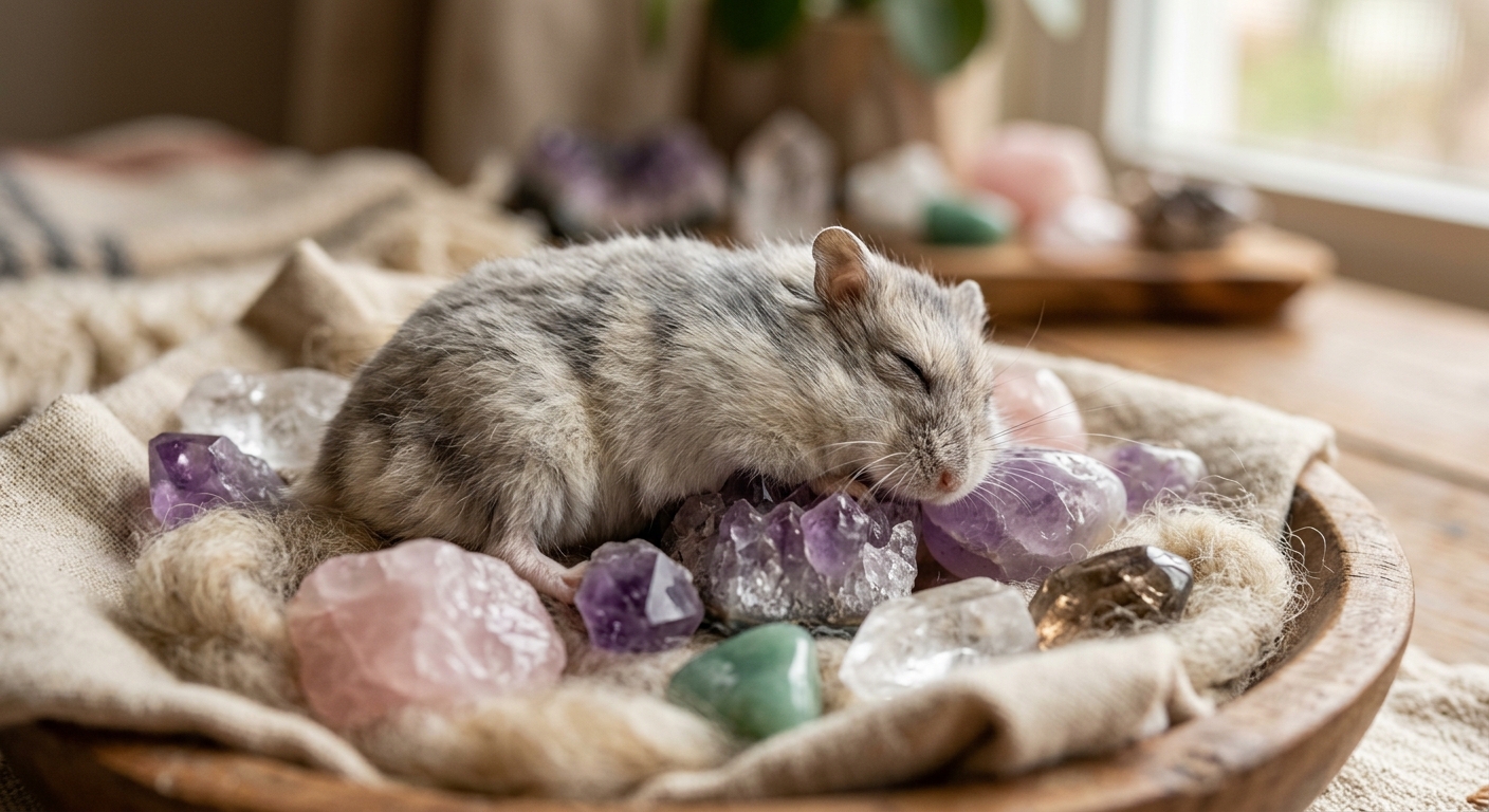 Hamster mit Edelsteinen zur Edelsteintherapie - energetischer Support für ältere Haustiere wie Hamster und Co.