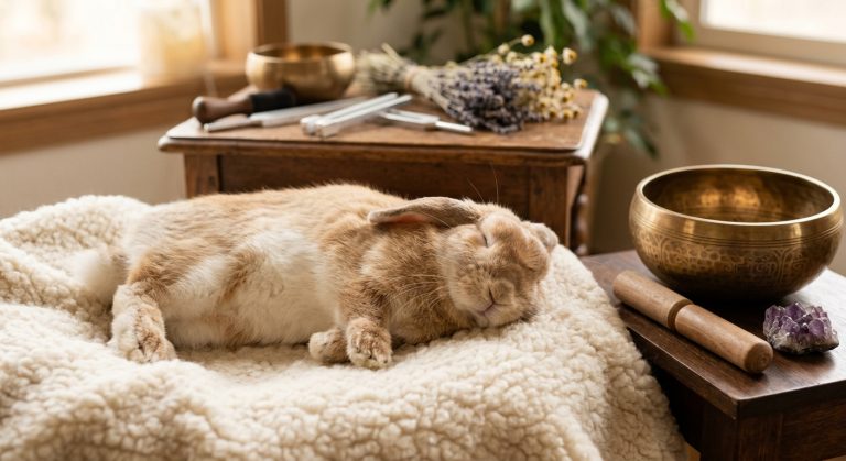 Kaninchen entspannt durch Klangtherapie, sanfte Töne reduzieren Stress, Nahaufnahme flauschiger Hase auf grüner Wiese.