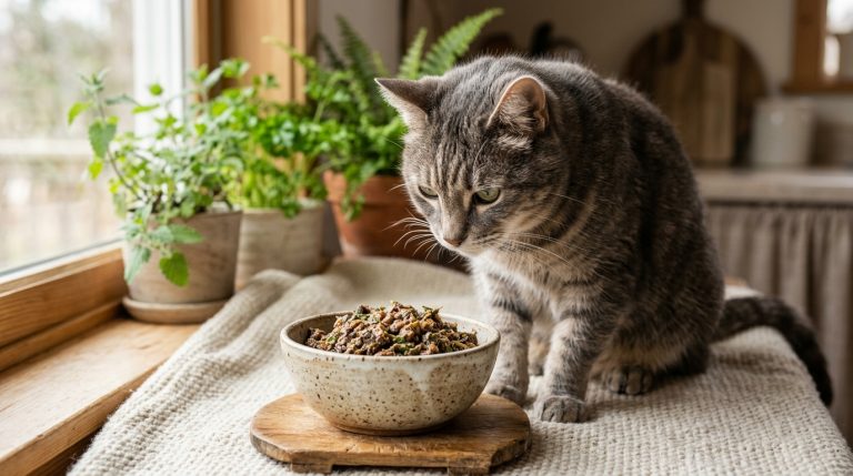 Seniorenkatze genießt natürlich fermentiertes Futter, fördert Gesundheit und Wohlbefinden durch aromatische Fermente.