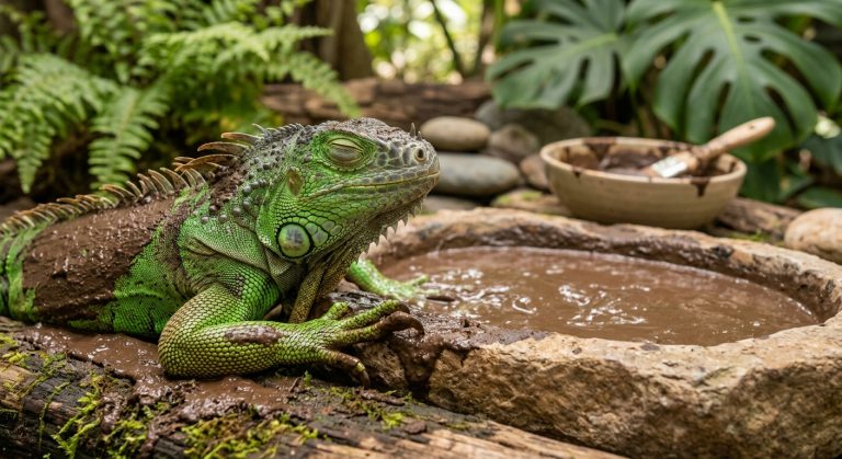 Reptil genießt Pelotherapie: Schlammmaske als natürliche Hautpflege im warmen Sonnenlicht.