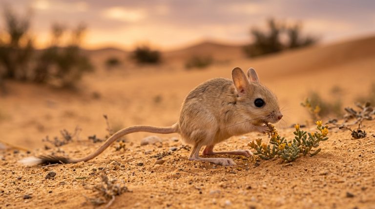 Wüstenspringmaus frisst Pollen zur Stärkung des Immunsystems in natürlicher Umgebung.