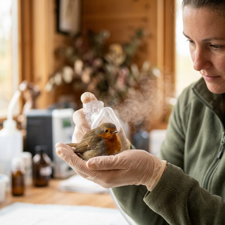 Ein Vogel mit Asthma sitzt entspannt auf einem Ast, umgeben von Natur, während er Atemtherapie erhält.