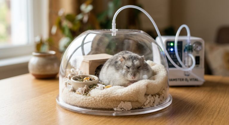 Alter Hamster in Sauerstofftherapie zur Vitalitätssteigerung, mit sanfter Methode zur Unterstützung der Gesundheit.