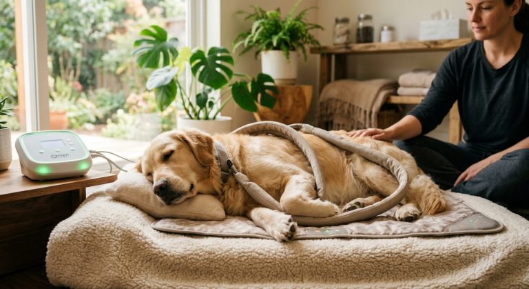Hund entspannt sich während elektromagnetischer Feldtherapie-Sitzung, fördert sanfte Heilung und Wohlbefinden.