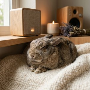 Sensibles Kaninchen entspannt auf Kissen, umgeben von beruhigender Musik. Akustische Entspannungstechniken im Einsatz.