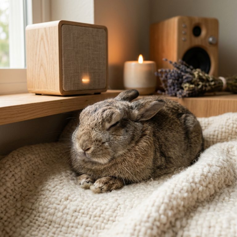 Sensibles Kaninchen entspannt auf Kissen, umgeben von beruhigender Musik. Akustische Entspannungstechniken im Einsatz.