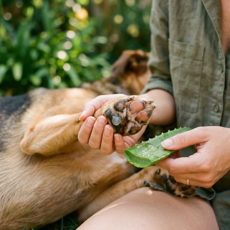 Hundepfoten mit Aloe-Vera-Creme, natürliche Therapie gegen Reizungen und Trockenheit, Pflege für gesunde Pfoten