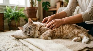 Ältere Katze genießt Shiatsu-Massage, fördert Wohlbefinden im Alter durch sanfte Berührungen.