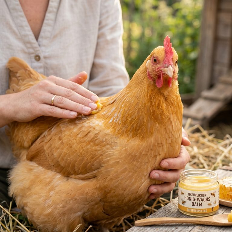 Hühner beim Auftragen von Honigbienen-Wachsbalm zur Gefiederpflege vor einem grünen Hintergrund.