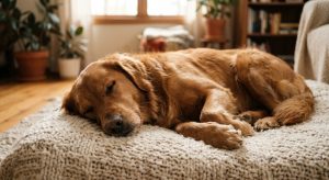 Hund entspannt auf Wiese, unterstützt durch Pilztherapie gegen Angststörungen; natürlich, beruhigend, wohltuend.