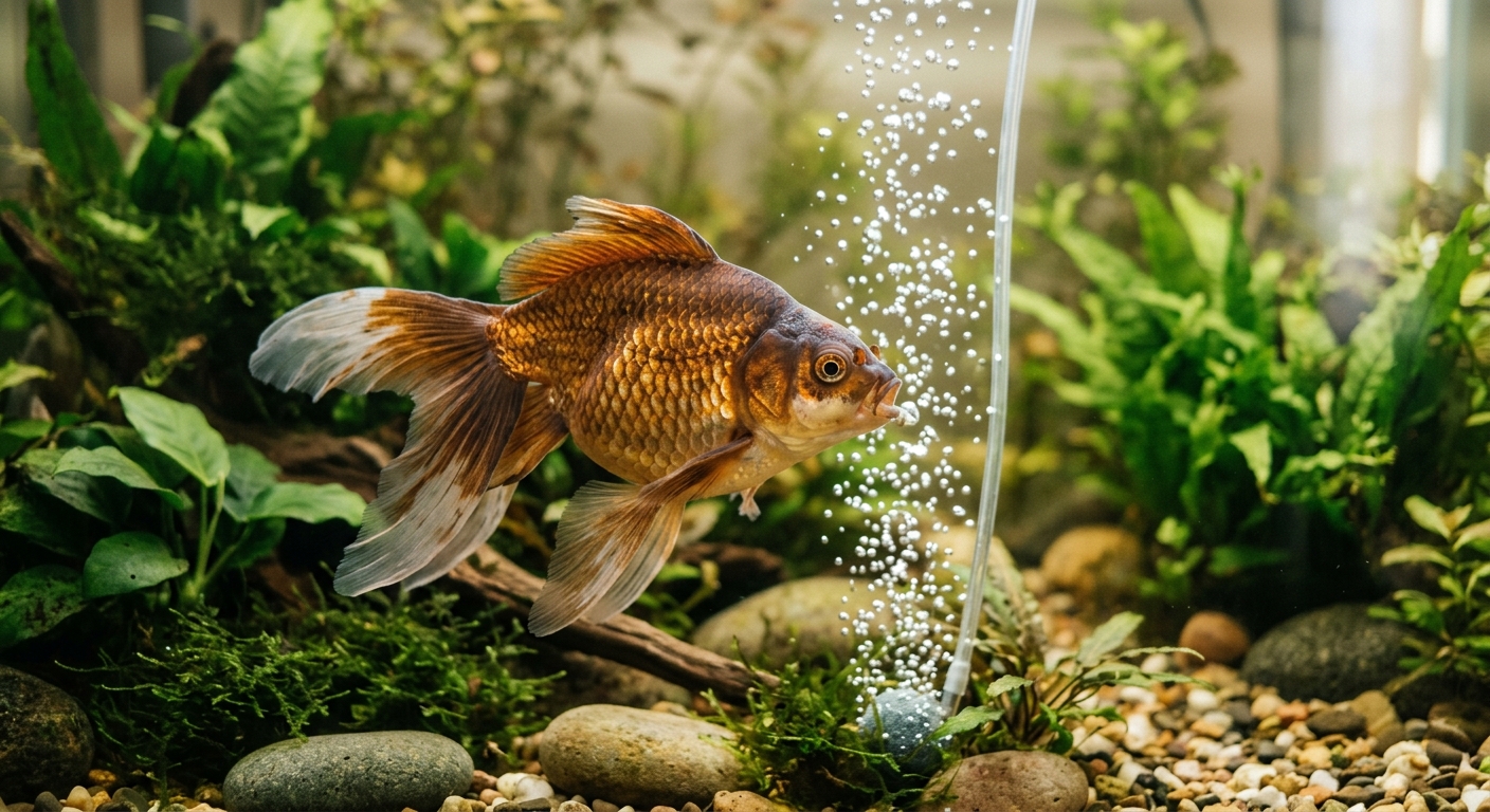 Goldfische in einem Aquarium beim Atemgymnastik, unterstützt durch Sauerstoffblasen-Pflege im Alter.