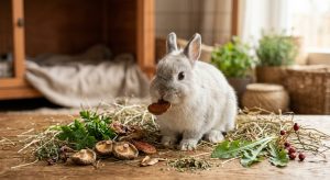 Zwergkaninchen frisst pilzbasierte Nahrung, um die Immunabwehr zu stärken. Gesundheitsfördernde Naturkost für Haustiere.