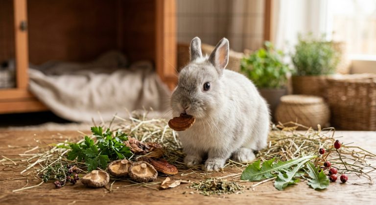 Zwergkaninchen frisst pilzbasierte Nahrung, um die Immunabwehr zu stärken. Gesundheitsfördernde Naturkost für Haustiere.
