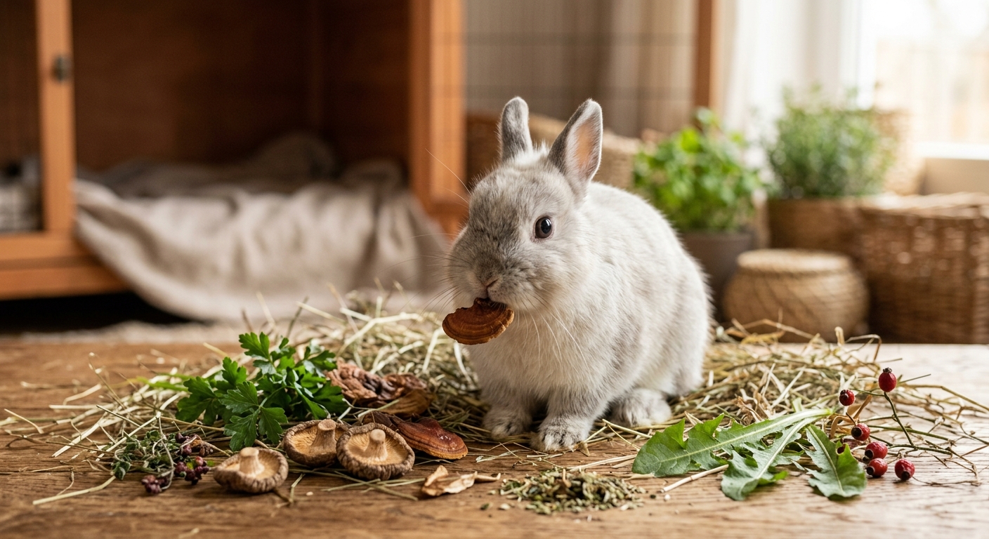 Zwergkaninchen frisst pilzbasierte Nahrung, um die Immunabwehr zu stärken. Gesundheitsfördernde Naturkost für Haustiere.